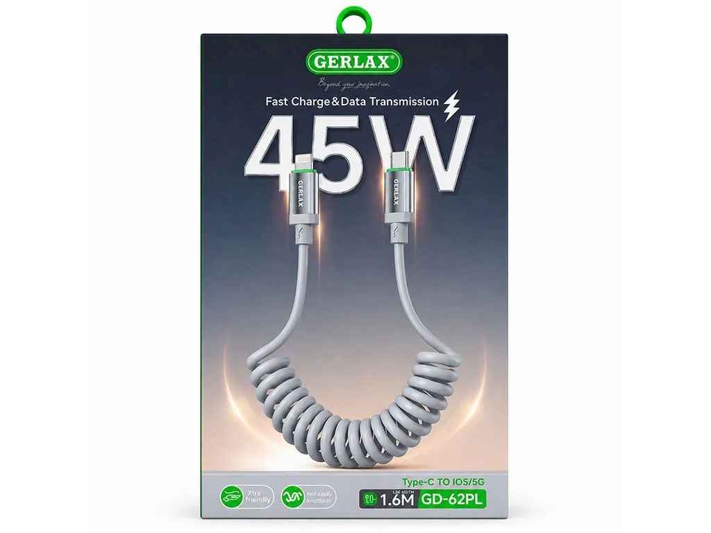 Кабель Type С-Lightning iPhone PD GD-62PL 9A 45W пружинка TPU сірий 1.6м ТМ GERLAX Кабель Type С-Lightning iPhone PD GD-62PL 9A 45W пружинка TPU сірий 1.6м ТМ GERLAX