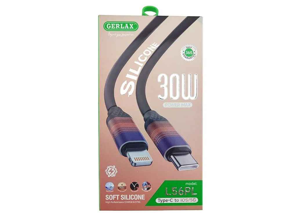 Кабель Type С-Lightning iPhone PD L56PL 30W силіконовий чорний 1м ТМ GERLAX Кабель Type С-Lightning iPhone PD L56PL 30W силіконовий чорний 1м ТМ GERLAX