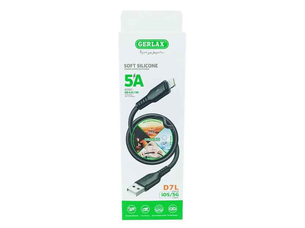 Кабель USB – Lightning iPhone D7LB 5A OD4.0 силіконовий чорний 1м ТМ GERLAX Кабель USB – Lightning iPhone D7LB 5A OD4.0 силіконовий чорний 1м ТМ GERLAX