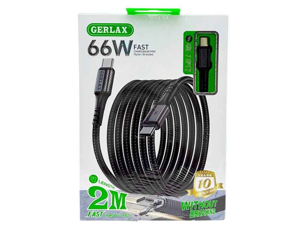 Кабель Type-C - Type-C GD-71PT2 6A 66W QC3.0 тканинний чорний 2м ТМ GERLAX Кабель Type-C - Type-C GD-71PT2 6A 66W QC3.0 тканинний чорний 2м ТМ GERLAX