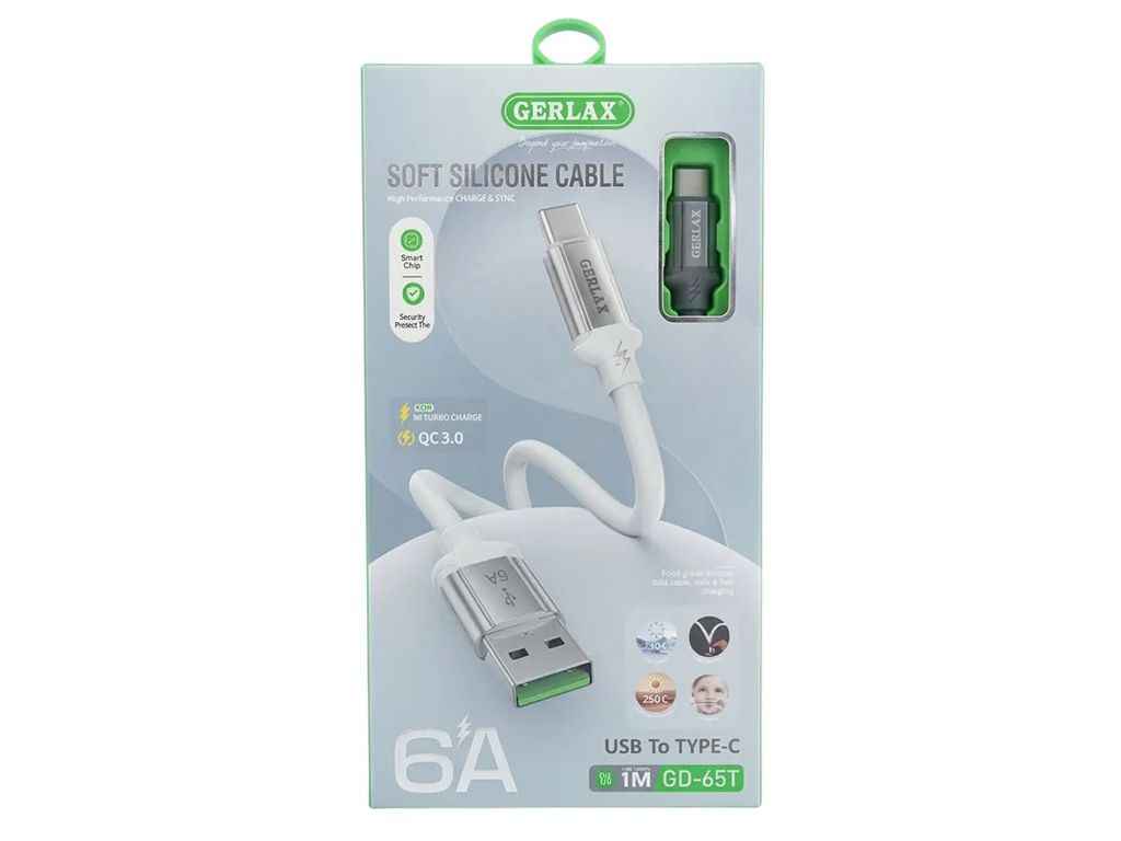 Кабель USB - Type-C GD-65T 6A QC3.0 MI TURBO CHARGE силіконовий сірий 1м ТМ GERLAX Кабель USB - Type-C GD-65T 6A QC3.0 MI TURBO CHARGE силіконовий сірий 1м ТМ GERLAX
