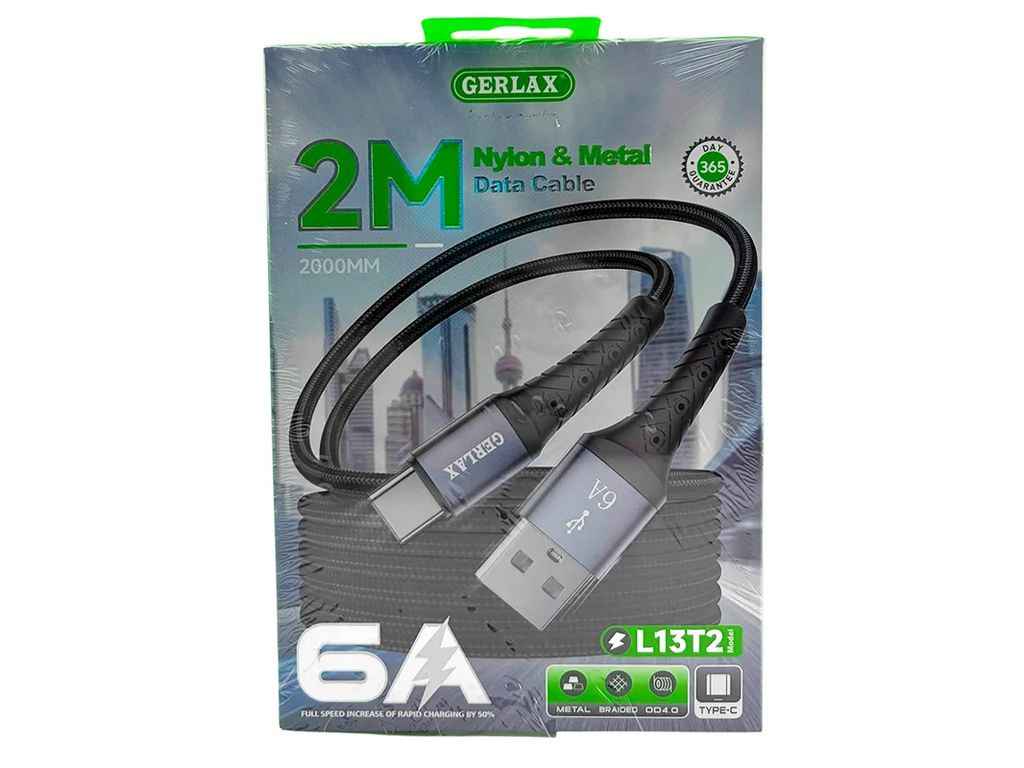 Кабель USB - Type-C L13T2 6A MI TURBO CHARGE тканинний чорний 2м ТМ GERLAX Кабель USB - Type-C L13T2 6A MI TURBO CHARGE тканинний чорний 2м ТМ GERLAX