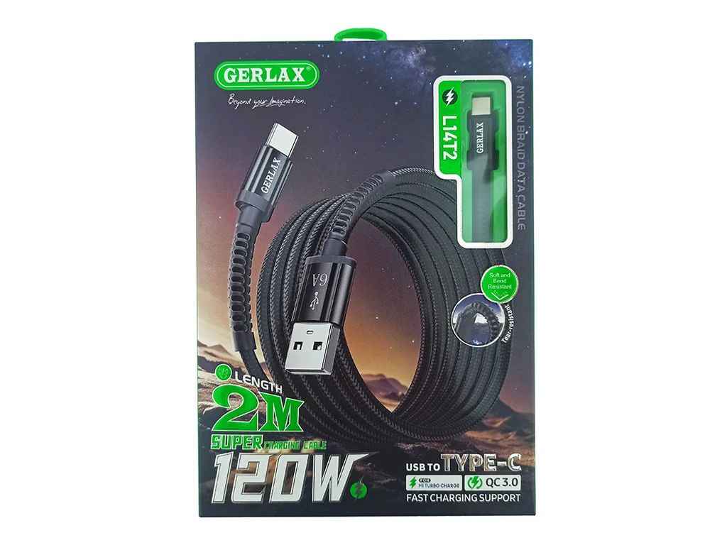 Кабель USB - Type-C L14T2 3А 120W QC3.0 тканинний чорний 2м ТМ GERLAX Кабель USB - Type-C L14T2 3А 120W QC3.0 тканинний чорний 2м ТМ GERLAX