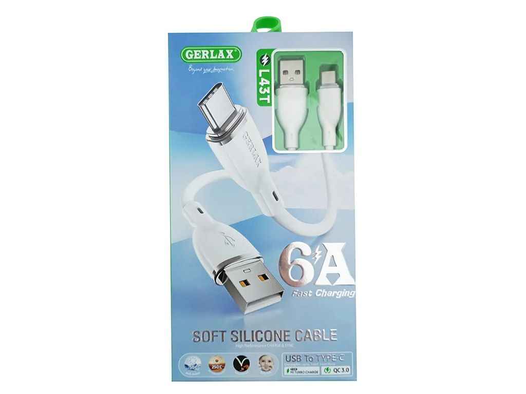 Кабель USB - Type-C L43T 6A QC3.0 MI TURBO CHARGE силіконовий білий 1м ТМ GERLAX Кабель USB - Type-C L43T 6A QC3.0 MI TURBO CHARGE силіконовий білий 1м ТМ GERLAX