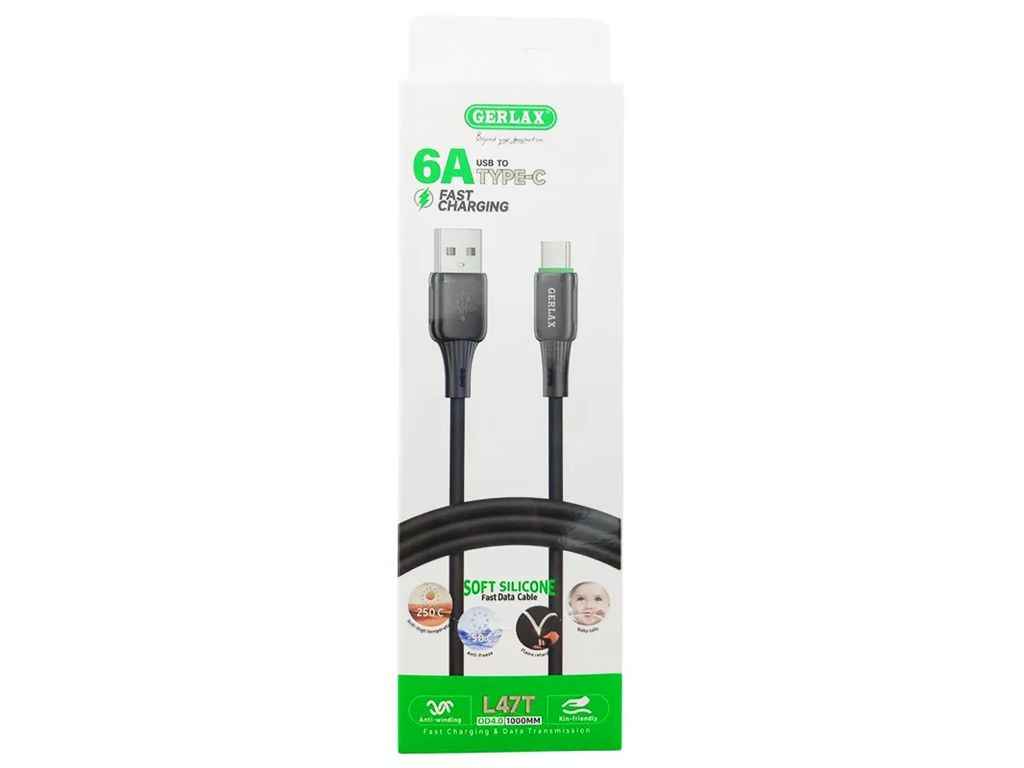 Кабель USB - Type-C L47T 6A QC3.0 силіконовий чорний 1м ТМ GERLAX Кабель USB - Type-C L47T 6A QC3.0 силіконовий чорний 1м ТМ GERLAX