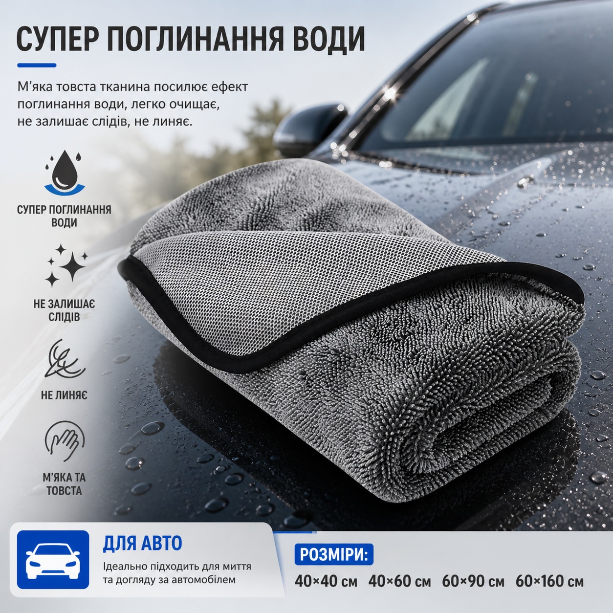 Полотенце для сушки авто 40х60 (600g/m2) "JYM" Серое (черный кант) Полотенце для сушки авто 40х60 (600g/m2) "JYM" Серое (черный кант)