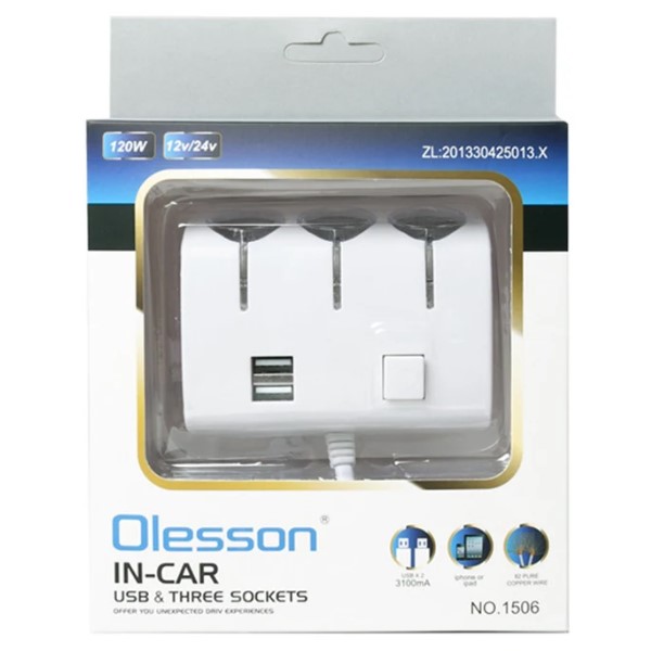 Автомобільний розгалужувач Olesson 1506, з подовжувачем, USB, підсвітка, Білий, 1-вимикач Автомобільний розгалужувач Olesson 1506, з подовжувачем, USB, підсвітка, Білий, 1-вимикач