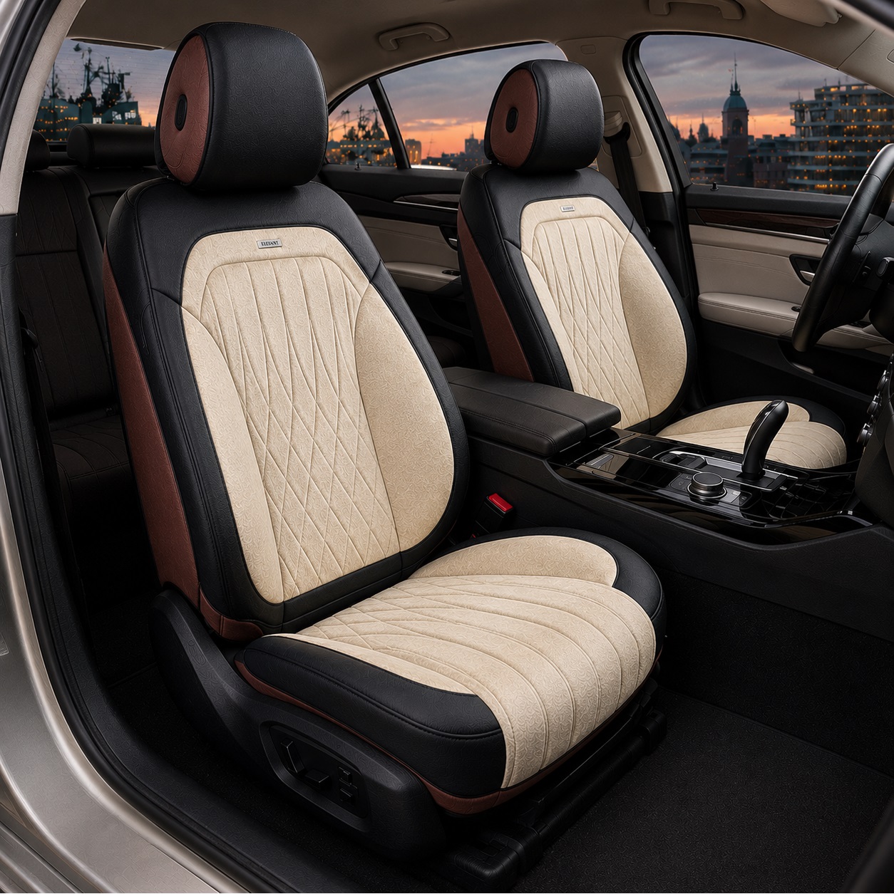 Чохли - Накидки сидіння Алькантара + Шкір. зам 3D "MODENA" Бежеві Elegant Передні - 700 234 Чохли - Накидки сидіння Алькантара + Шкір. зам 3D "MODENA" Бежеві Elegant Передні - 700 234