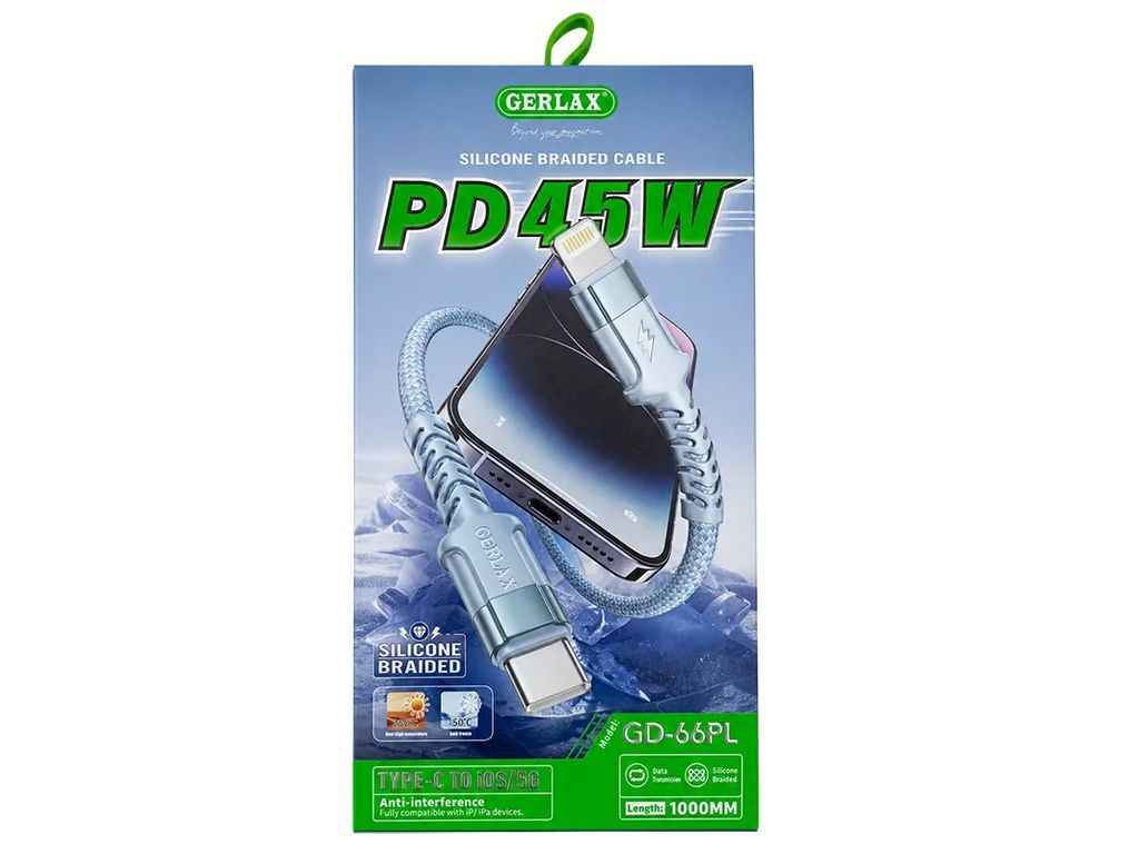 Кабель Lightning - Type-C iPhone PD GD-66PL 6A/45W тканевый голубой 1м 29720 ТМ Gerlax Кабель Lightning - Type-C iPhone PD GD-66PL 6A/45W тканевый голубой 1м 29720 ТМ Gerlax