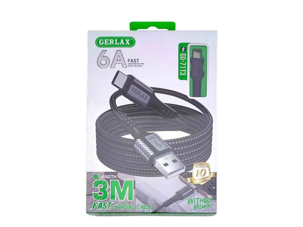 Кабель USB - Type-C GD-71T3 6A/QC3.0 тканевый черный 3м 29504 ТМ Gerlax Кабель USB - Type-C GD-71T3 6A/QC3.0 тканевый черный 3м 29504 ТМ Gerlax