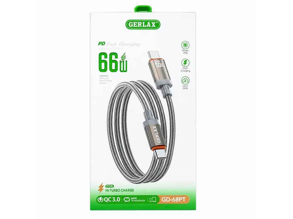 Кабель Type-C - Type-C GD-68PT 9A/66W/QC3.0 тканинний сірий 1м 29723 ТМ Gerlax Кабель Type-C - Type-C GD-68PT 9A/66W/QC3.0 тканинний сірий 1м 29723 ТМ Gerlax