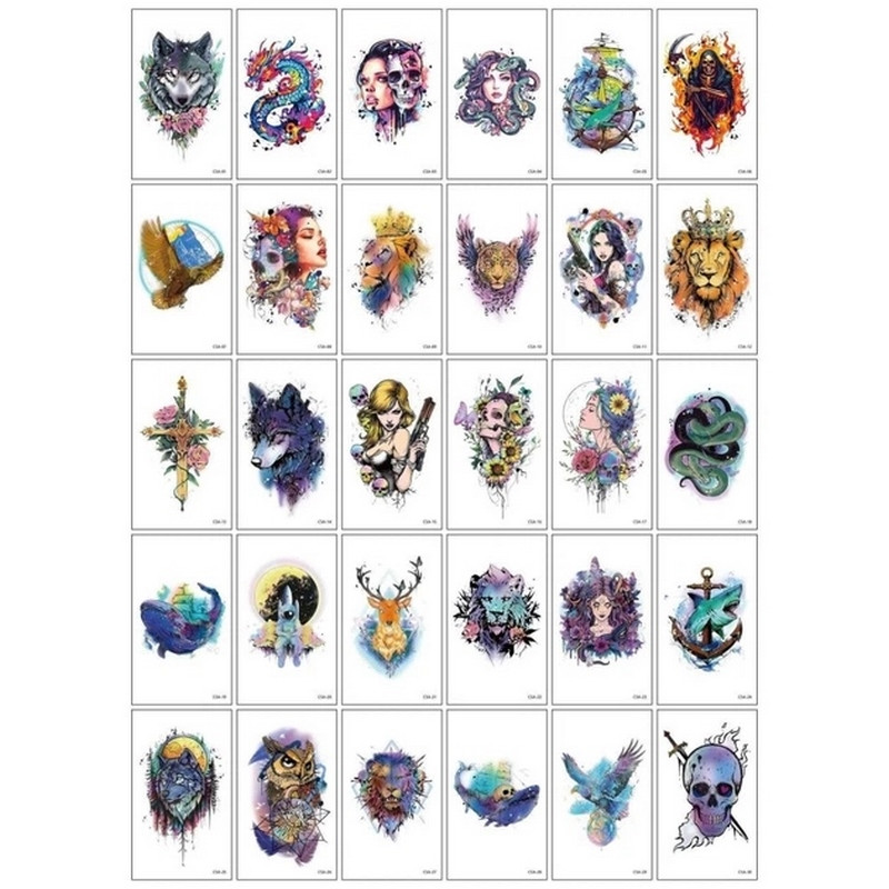 Набор временных тату "Цветные мини №5" color-tattoo-mini-set-5-30-CSA30, 30 штук, размер 9,5 х 9,5 см Набор временных тату "Цветные мини №5" color-tattoo-mini-set-5-30-CSA30, 30 штук, размер 9,5 х 9,5 см
