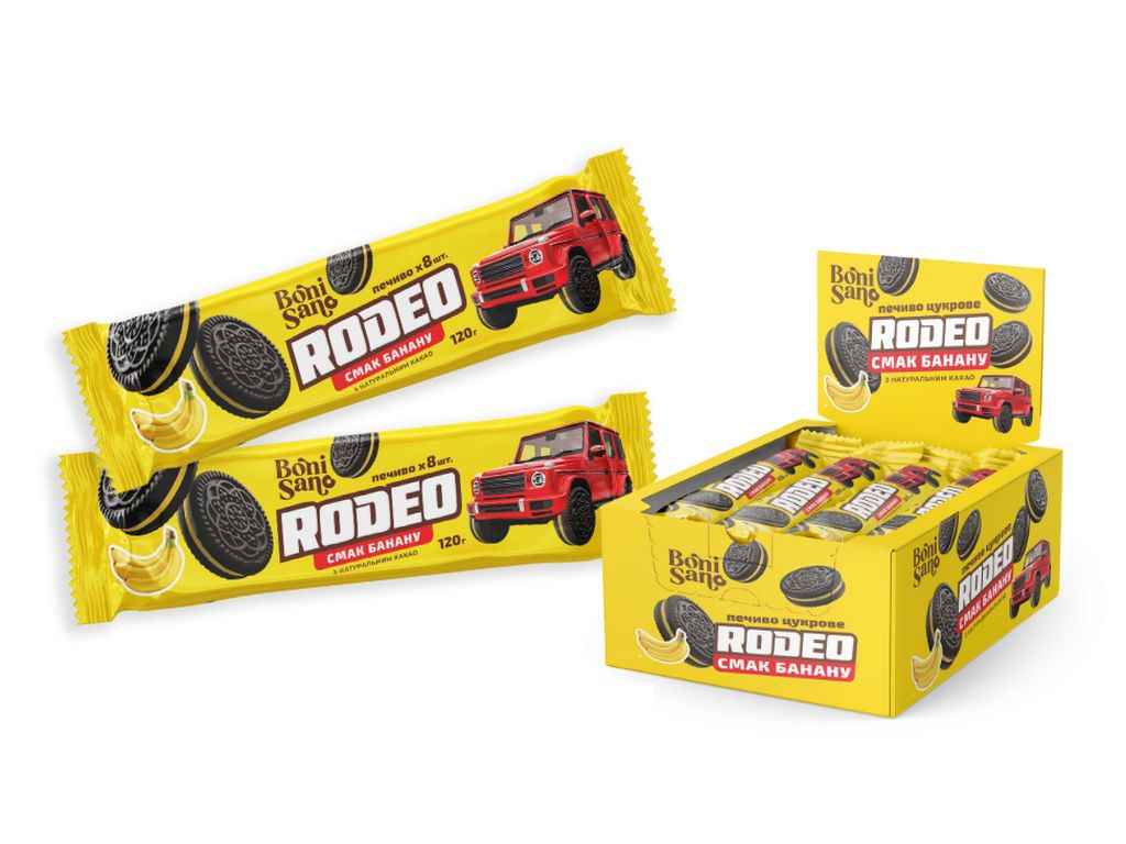 Печиво-сендвіч 120г цукрове «RODEO» з начинкою зі смаком Банану ТМBONISANO Печиво-сендвіч 120г цукрове «RODEO» з начинкою зі смаком Банану ТМBONISANO