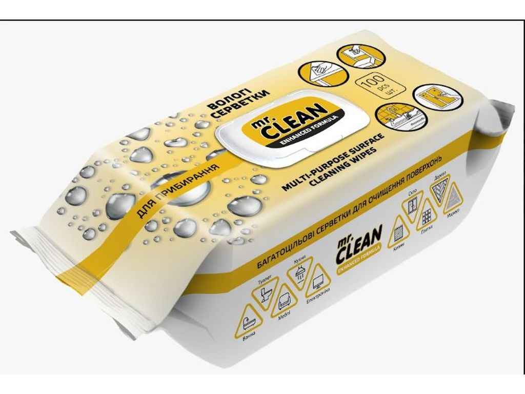 Серветки вологі для прибирання 100шт Універсальні ENHANCED FORMULA ТМ MR. CLEAN Серветки вологі для прибирання 100шт Універсальні ENHANCED FORMULA ТМ MR. CLEAN