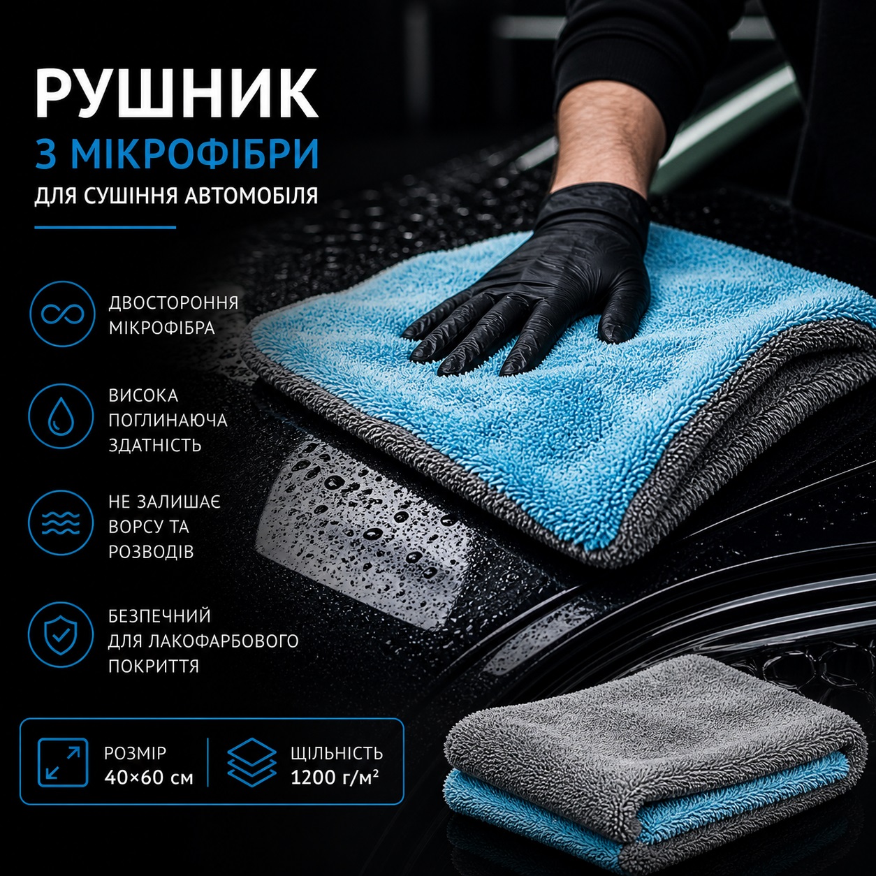 Рушник для сушіння авто 40х60 (1200g/m2) "JYM" Сіро-Блакитний Рушник для сушіння авто 40х60 (1200g/m2) "JYM" Сіро-Блакитний