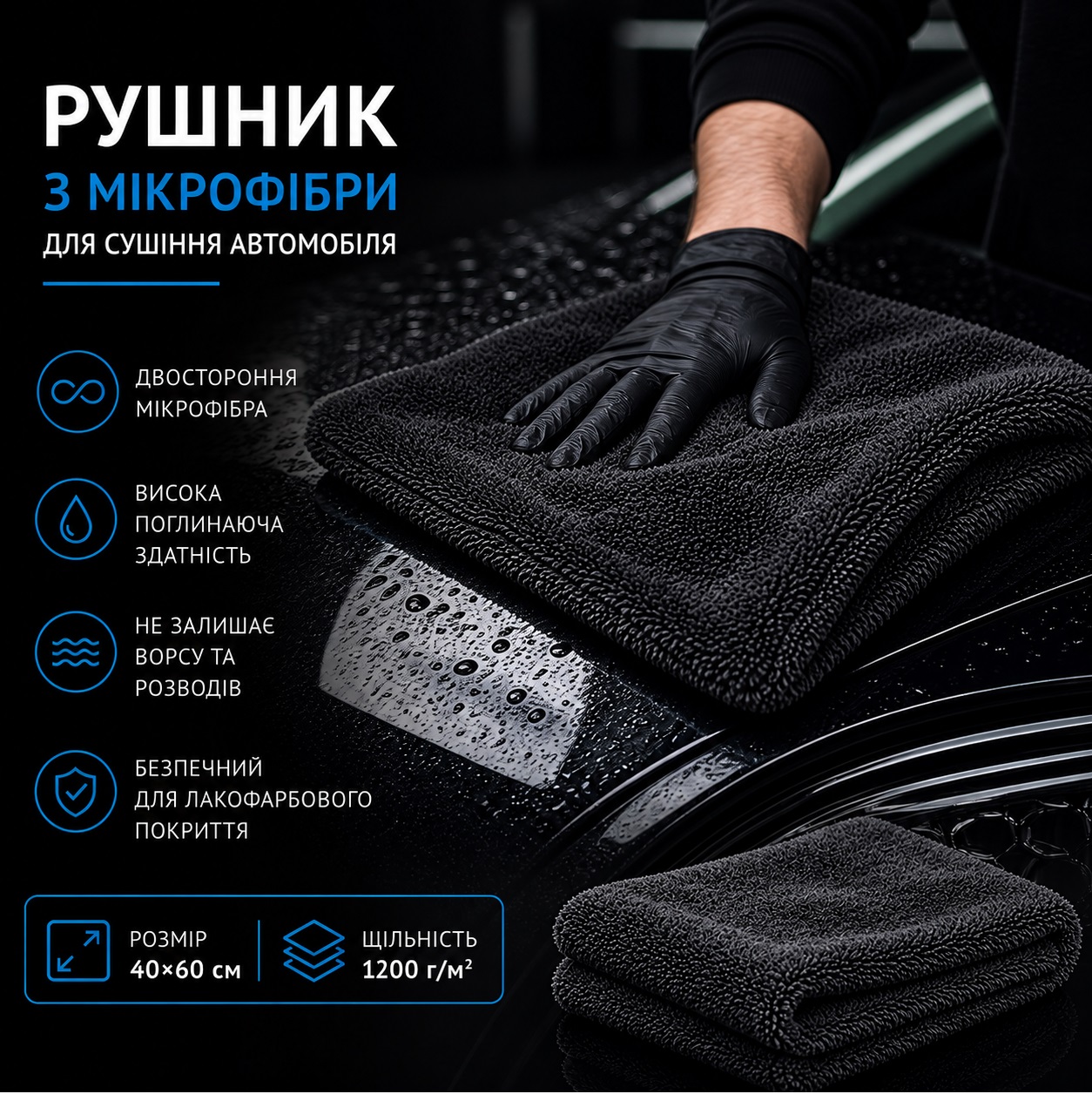 Полотенце для сушки авто 40х60 (1200g/m2) "JYM" Серо-Голубой Полотенце для сушки авто 40х60 (1200g/m2) "JYM" Серо-Голубой