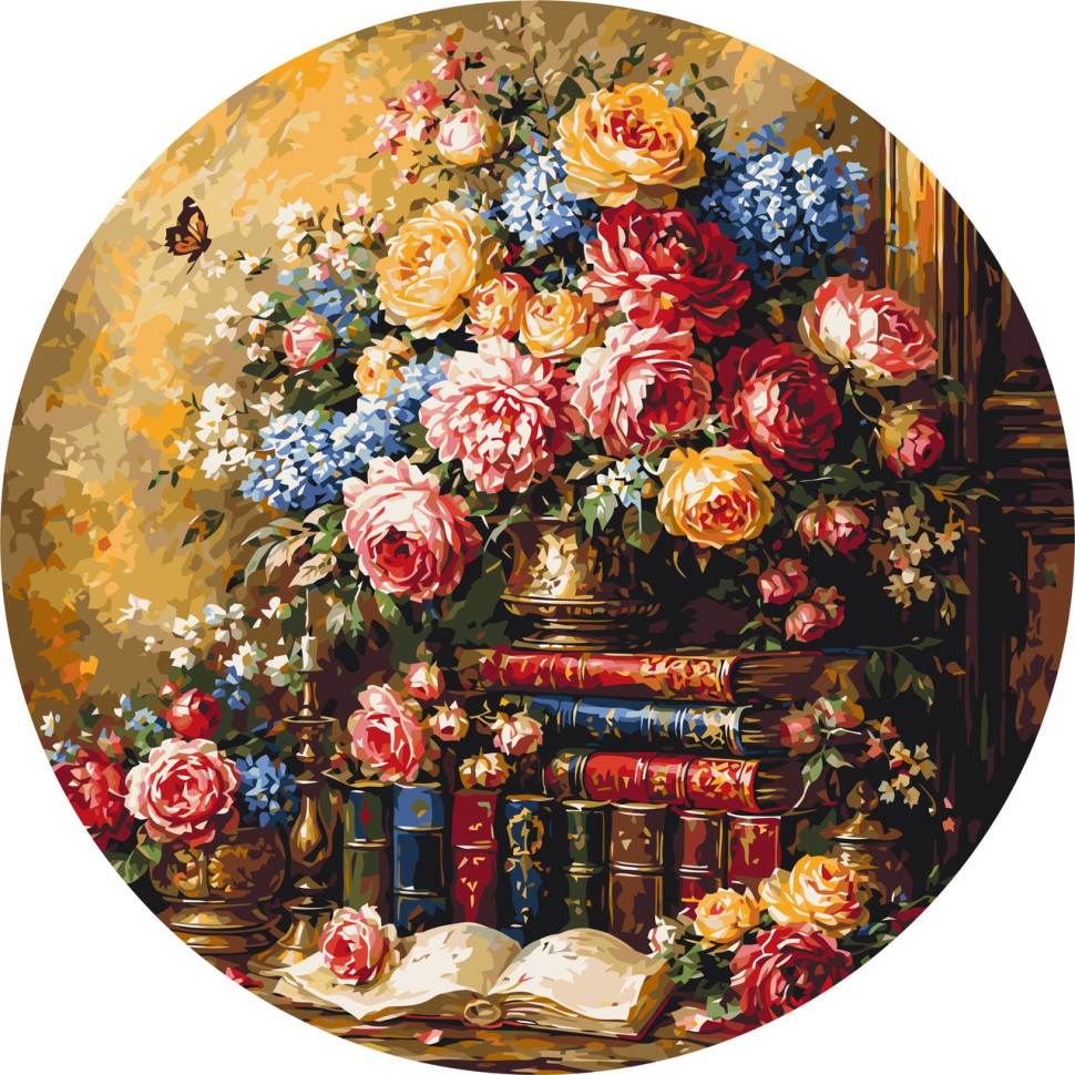 Картина за номерами "Книжкова полиця з трояндами" OR2031 діаметр 50 см Картина за номерами "Книжкова полиця з трояндами" OR2031 діаметр 50 см