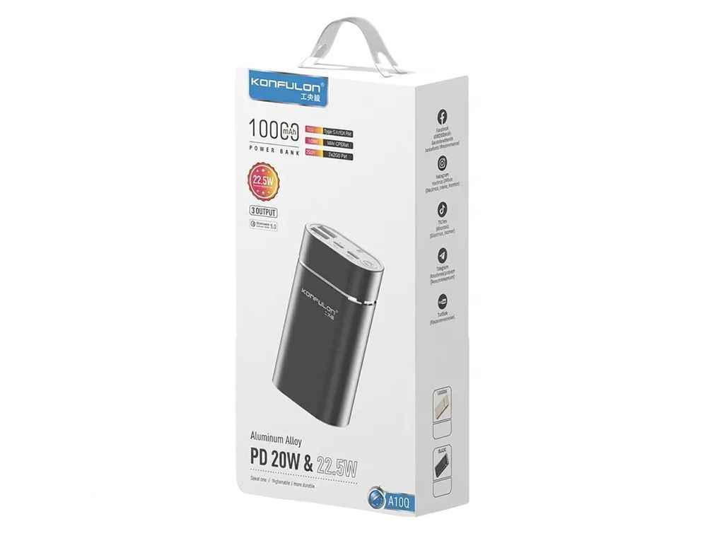 Power Bank 10000mAh A10Q 2USB/22.5W/LED індикатор (input Type-C/Lightning) чорний ТМ Konfulon Power Bank 10000mAh A10Q 2USB/22.5W/LED індикатор (input Type-C/Lightning) чорний ТМ Konfulon