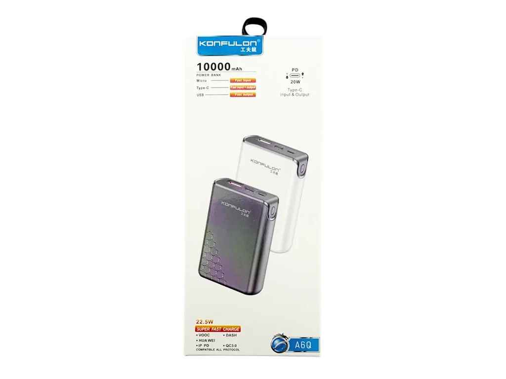 Power Bank 10000mAh A6Q 2USB/PD/22.5W/LED індикатор (input micro/Type-C/Lightning) чорний ТМ Konfulon Power Bank 10000mAh A6Q 2USB/PD/22.5W/LED індикатор (input micro/Type-C/Lightning) чорний ТМ Konfulon