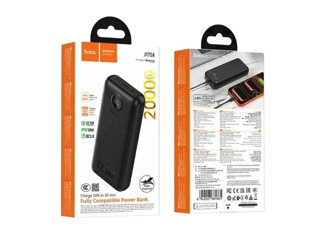 Power Bank 20000mAh J172A 3A/2USB/QC3.0/22.5W/PD20W (input Type-C/micro USB) чорний ТМ Hoco Power Bank 20000mAh J172A 3A/2USB/QC3.0/22.5W/PD20W (input Type-C/micro USB) чорний ТМ Hoco