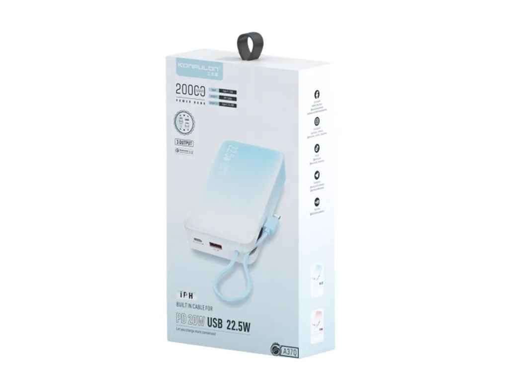 Power Bank 20000mAh A37Q-T PD20W/22.5W/кабель Type-C (input Type-C) блакитний ТМ Konfulon Power Bank 20000mAh A37Q-T PD20W/22.5W/кабель Type-C (input Type-C) блакитний ТМ Konfulon