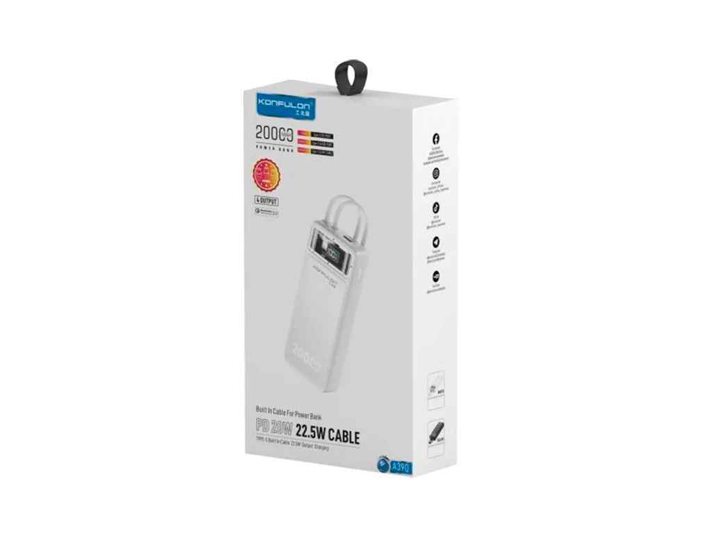 Power Bank 20000mAh A39Q USB22.5W/PD20W/cable Type-C to Type-C 22.5W and Lightning 15W (input Type-C) белый ТМ Konfulon Power Bank 20000mAh A39Q USB22.5W/PD20W/cable Type-C to Type-C 22.5W and Lightning 15W (input Type-C) белый ТМ Konfulon