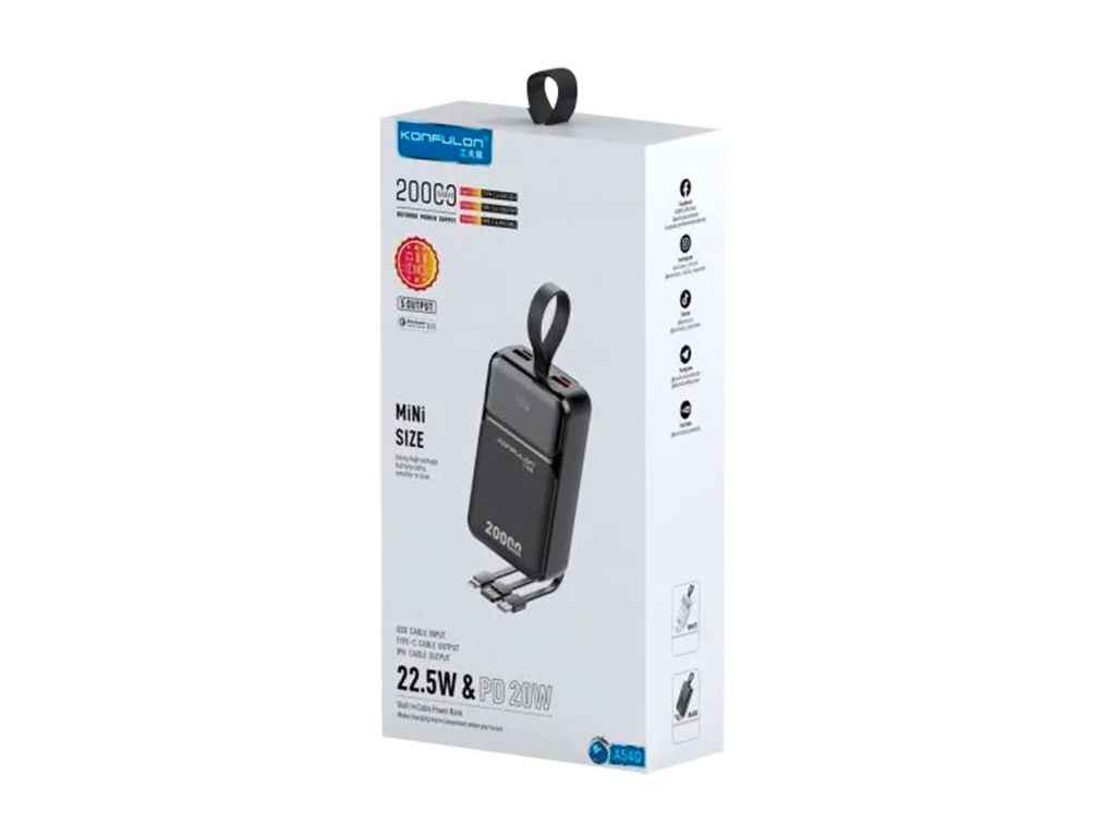 Power Bank 20000mAh A54Q 2USB/22.5W/PD20W/кабель micro/Type-C/Lightning (input Type-C) білий ТМ Konfulon Power Bank 20000mAh A54Q 2USB/22.5W/PD20W/кабель micro/Type-C/Lightning (input Type-C) білий ТМ Konfulon