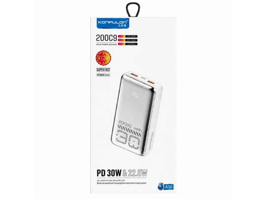 Power Bank 20000mAh A76Q 3A/2USB/22.5W/PD30W/LED дисплей білий ТМ Konfulon Power Bank 20000mAh A76Q 3A/2USB/22.5W/PD30W/LED дисплей білий ТМ Konfulon