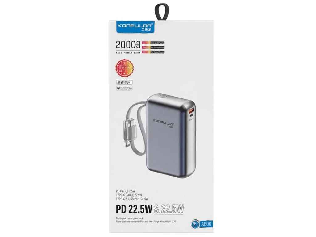 Power Bank 20000mAh A80Q 3A/1USB/22.5W/PD22.5W/LED дисплей/кабель 2в1 (Type-c/Lightning) сірий ТМ Konfulon Power Bank 20000mAh A80Q 3A/1USB/22.5W/PD22.5W/LED дисплей/кабель 2в1 (Type-c/Lightning) сірий ТМ Konfulon