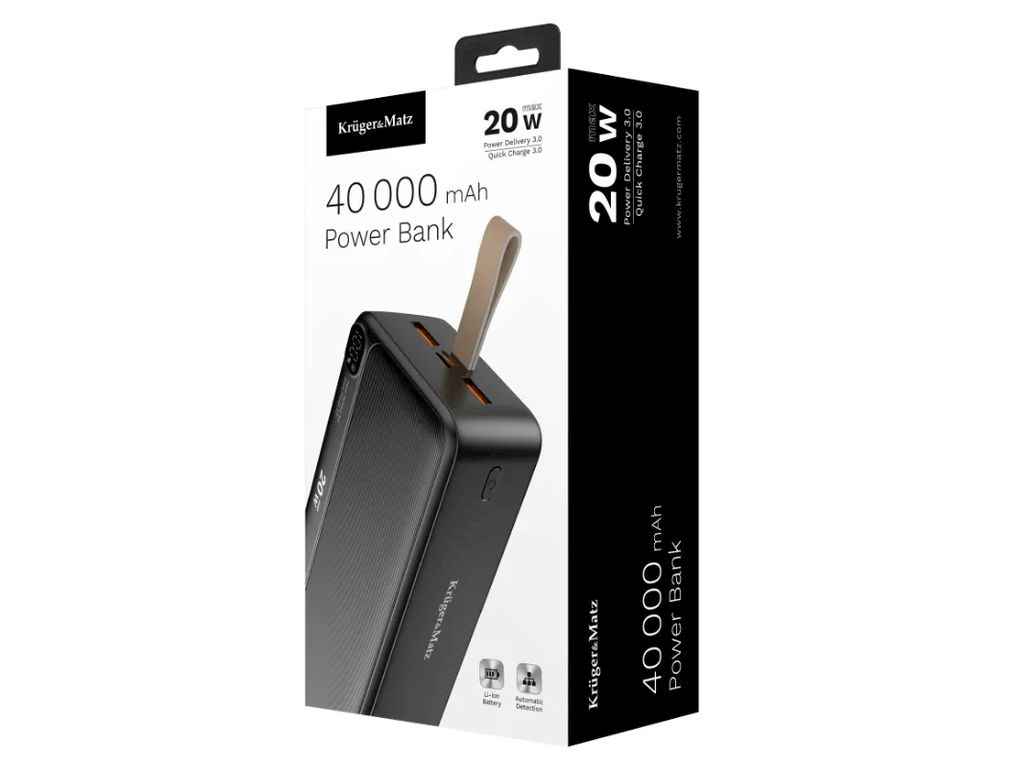Power Bank 40000mAh KM0908 5A/2USBType-C/QC3.0/22.5W/PD20W/ In/out Type-C/дисплей/ чорний (гарантія 6 міс) ТМ KrugerMatz Power Bank 40000mAh KM0908 5A/2USBType-C/QC3.0/22.5W/PD20W/ In/out Type-C/дисплей/ чорний (гарантія 6 міс) ТМ KrugerMatz