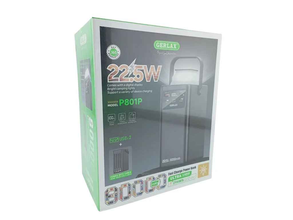Power Bank 80000mAh P801P 2USB/QC3.0/22.5W/PD20W/LED дисплей/ліхтарик/кабель 4в1 (input Lightning/Type-C) чорний ТМ Gerlax Power Bank 80000mAh P801P 2USB/QC3.0/22.5W/PD20W/LED дисплей/ліхтарик/кабель 4в1 (input Lightning/Type-C) чорний ТМ Gerlax