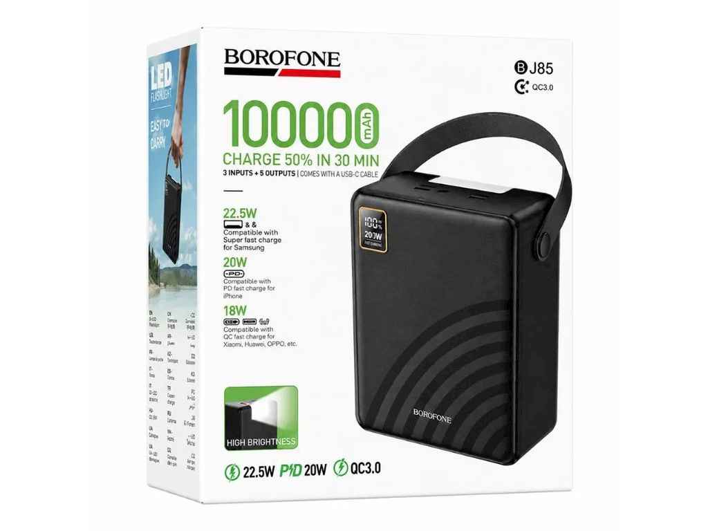 Power Bank 100000mAh BJ85 4USB/QC3.0/22.5W/PD20W/кабель Type-C, IP/LED дисплей/ліхтарик чорний ТМ Borofone Power Bank 100000mAh BJ85 4USB/QC3.0/22.5W/PD20W/кабель Type-C, IP/LED дисплей/ліхтарик чорний ТМ Borofone