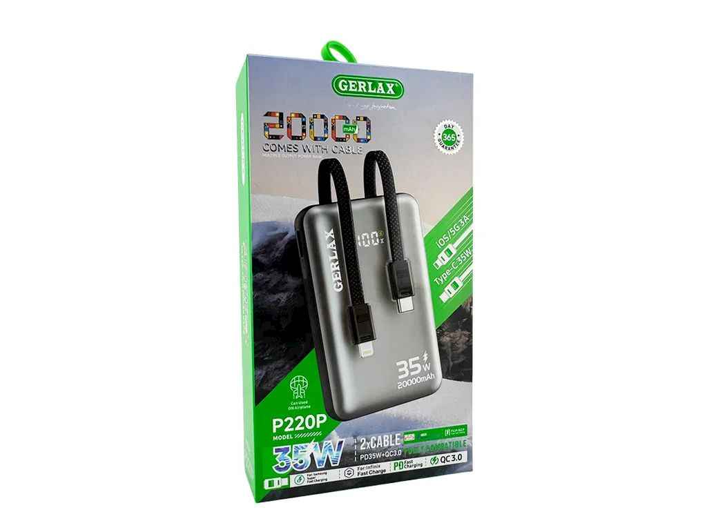 Power Bank 20000mAh P220P 3A/35W/PD/кабель 2в1(type-C/lightning) (input Type-C) синій ТМ Gerlax Power Bank 20000mAh P220P 3A/35W/PD/кабель 2в1(type-C/lightning) (input Type-C) синій ТМ Gerlax