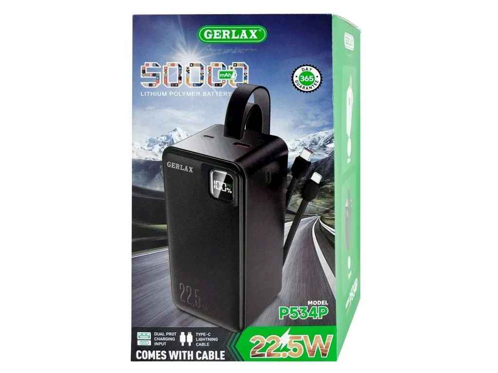 Power Bank 50000mAh P534P 1USB/3A/22.5W/PD/QC3.0/LED дисплей/кабель 2в1 (Type-C/Lightning) чорний ТМ Gerlax Power Bank 50000mAh P534P 1USB/3A/22.5W/PD/QC3.0/LED дисплей/кабель 2в1 (Type-C/Lightning) чорний ТМ Gerlax