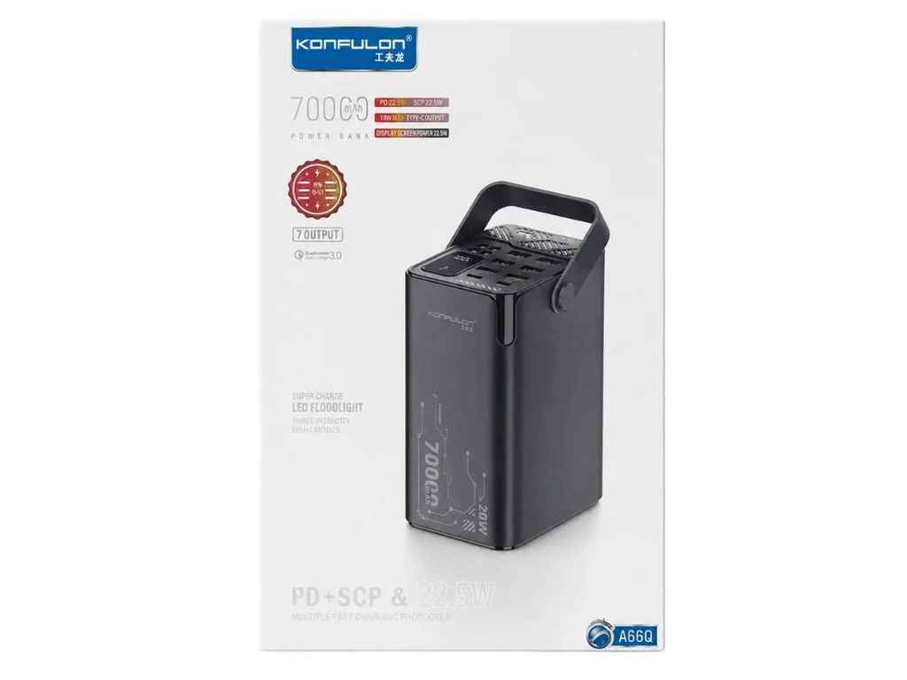 Power Bank 70000mAh A66Q 6USB/22,5W/2PD30W/ліхтарик/LED дисплей чорний ТМ Konfulon Power Bank 70000mAh A66Q 6USB/22,5W/2PD30W/ліхтарик/LED дисплей чорний ТМ Konfulon