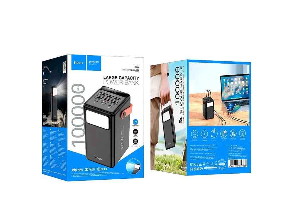 Power Bank 100000mAh J142 3A/6USB/QC3.0/22.5W/PD20W/LED дисплей/ліхтарик (input micro/Type-C18W) чорний (9) ТМ Hoco Power Bank 100000mAh J142 3A/6USB/QC3.0/22.5W/PD20W/LED дисплей/ліхтарик (input micro/Type-C18W) чорний (9) ТМ Hoco