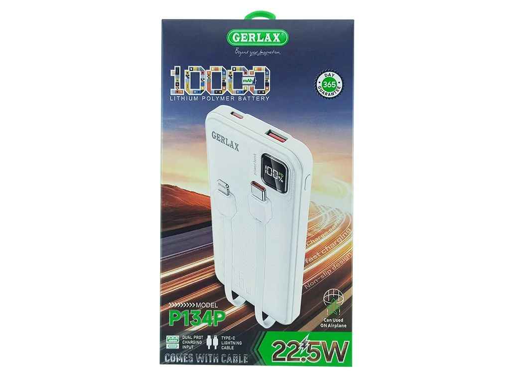 Power Bank 10000mAh P134P 1USB/22.5W/QC3.0/3А/PD/кабель Type-C/lightning (input Type-C) білий ТМ Gerlax Power Bank 10000mAh P134P 1USB/22.5W/QC3.0/3А/PD/кабель Type-C/lightning (input Type-C) білий ТМ Gerlax