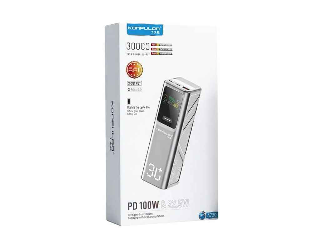 Power Bank 30000mAh A72Q 3A/1USB/22.5W/2PD100W/LED дисплей/ліхтарик срібний ТМ Konfulon Power Bank 30000mAh A72Q 3A/1USB/22.5W/2PD100W/LED дисплей/ліхтарик срібний ТМ Konfulon